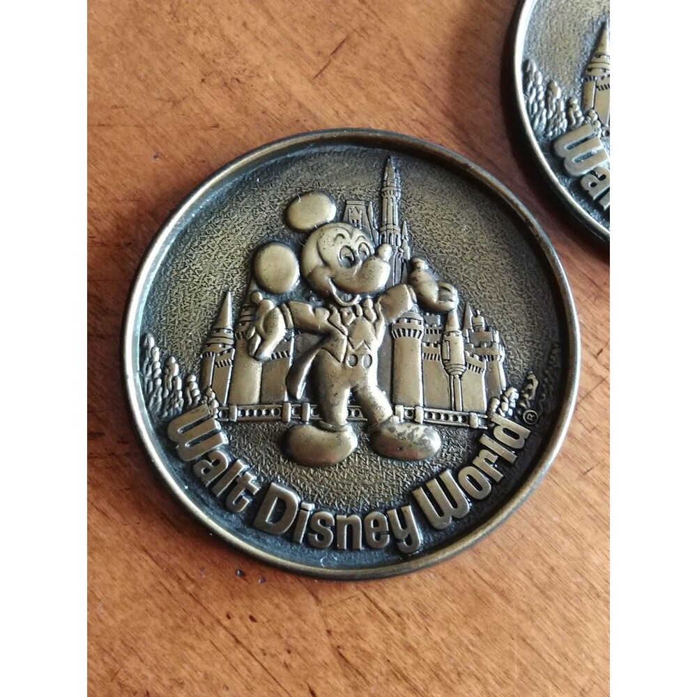 Vintage Set Lot 2 Bronze Walt Disney World Mickey Mouse Coasters Canada 3.25"Dia - Picture 11 of 13